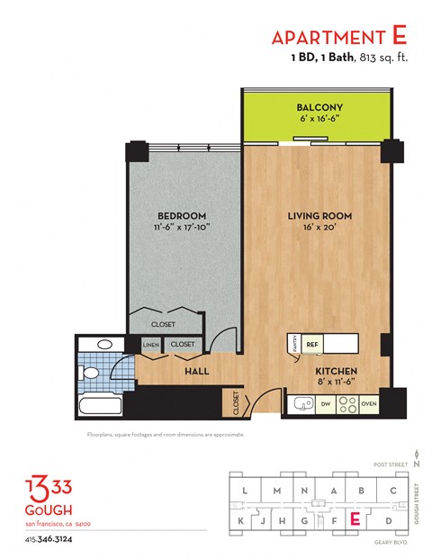 Floor plan for 1 bed, 1 bath, 813 sqft